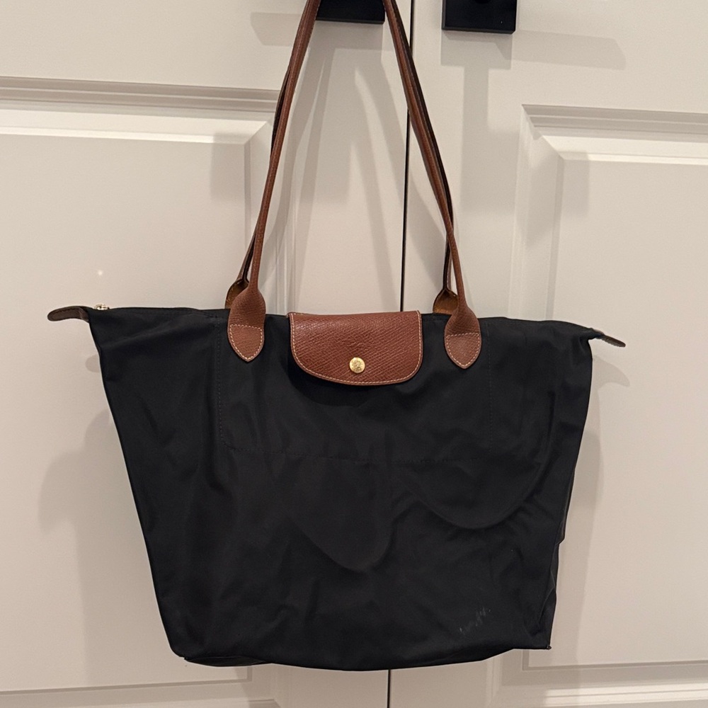 Longchamp Large Le Pliage Tote Black with Brown Leather